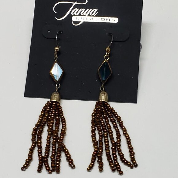 Women's Old Gold-tone - Brown Beads Fringed Drop Dangle Earrings with Blue Stone - Picture 3 of 6